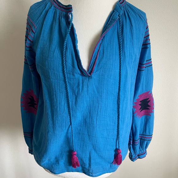 Maeve Vibrant Blue Blouse with Pink Accents - Picture 1 of 5